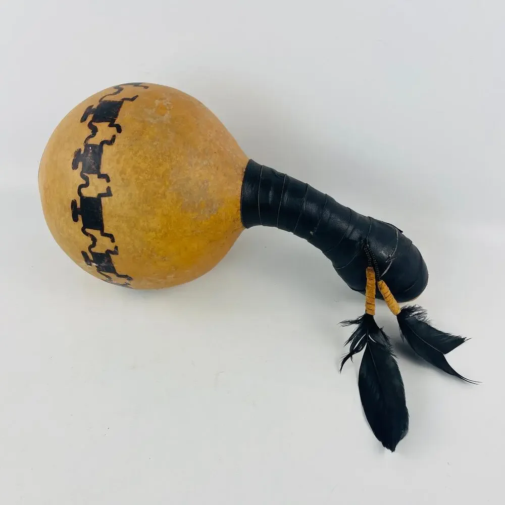 Native American Folk Art Gourd Rattle Petroglyph-style Paint & Feathers